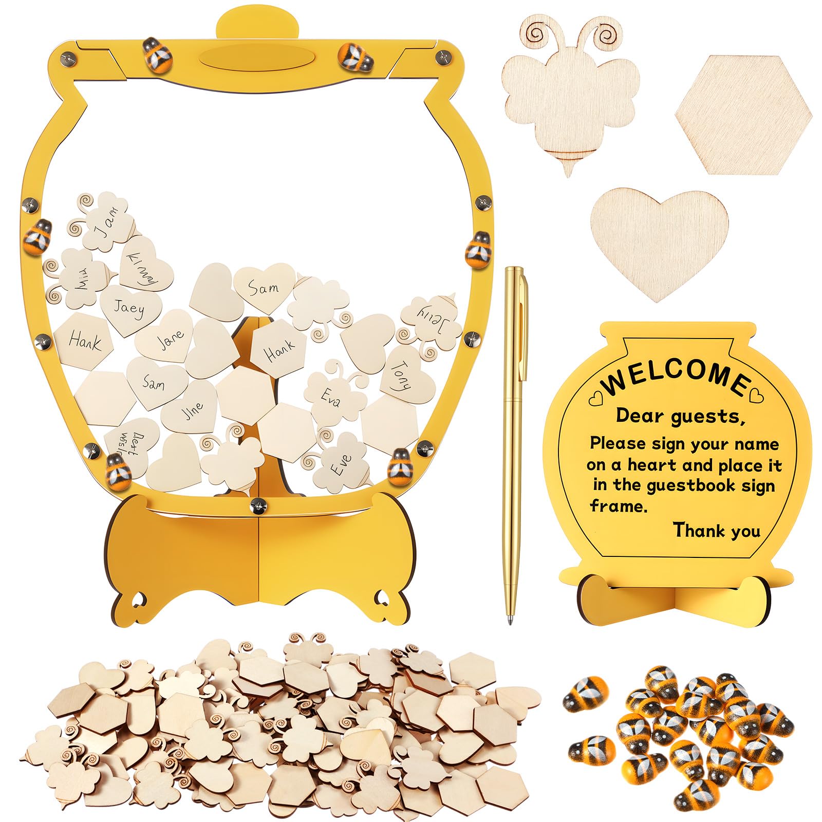 Chunful 83 Pcs Bee Baby Shower Guest Book Alternatives Set Baby Shower Decorations with 1 Wooden Welcome Sign, 60 Wood Slices, 20 Bee Decor and 1 Ballpoint Pen for Birthday Party
