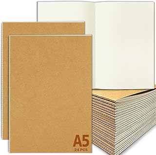 DWIYITTN Plain Notebooks A5, 24 Pack Kraft Notebook Bulk 21x14cm Blank Notebook Pack 60 Pages Soft Cover Plain Notepad for Kids Travelers Students Office School Write and Sketch (Brown)