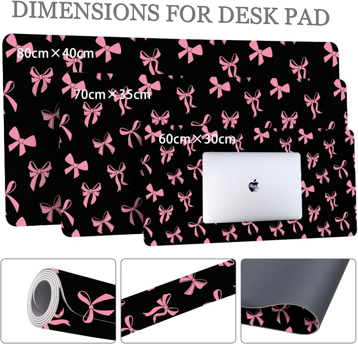 Cute Kawaii Pink Bow Black Extended Gaming Keyboard Mouse Pad, Non-Slip Leather Home Office Desk Mat Protector