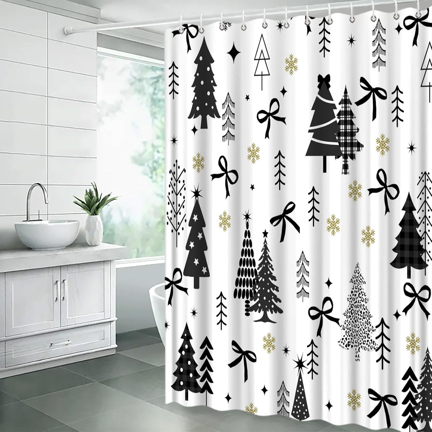 Christmas Shower Curtain 70" Wx75 H,Xmas Tree with Black Bow Winter Holiday Fabric Bathroom Decor Curtains with Hooks,