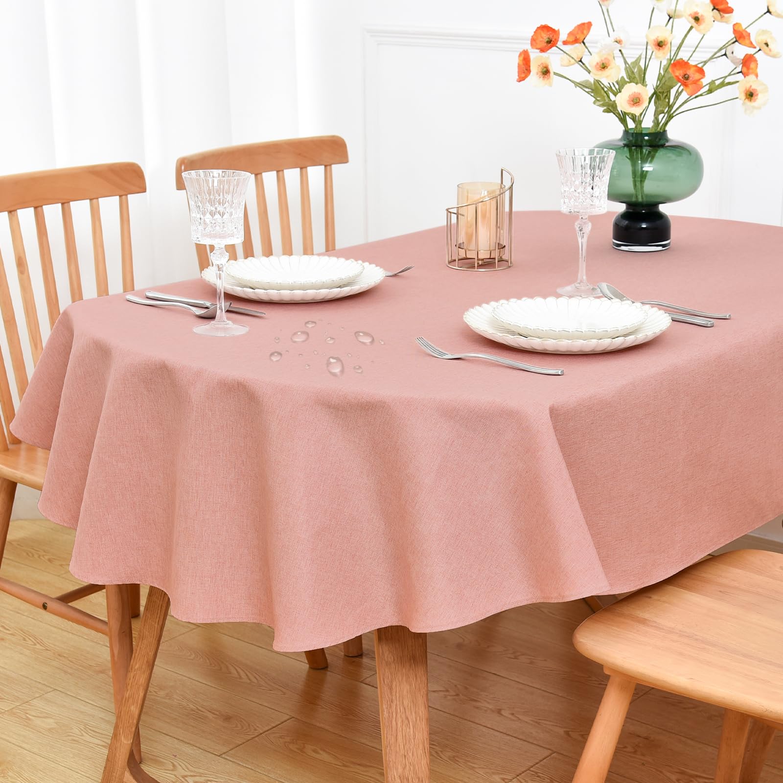 NEWISHER Farmhouse Water Resistant Oval Tablecloth 133x180 cm (52x70 inch), Faux Linen Table Cloth Wipe Clean, Washable Table Cover for Kitchen Dining, Party, Banquet Indoor Outdoor (Pink)