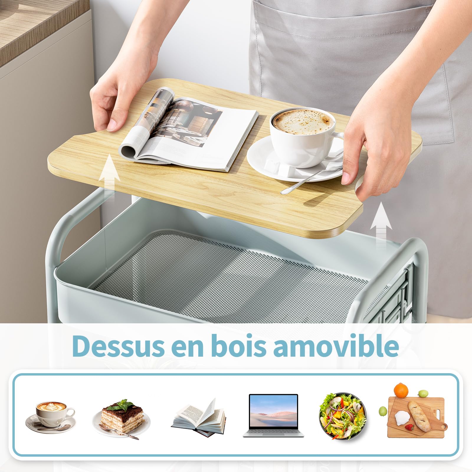 kingrack Chariot à roulettes à 3 niveaux, chariot utilitaire en métal avec plateau en bois amovible, chariot de rangement pour loisirs créatifs, chariot de service facile à assembler, vert