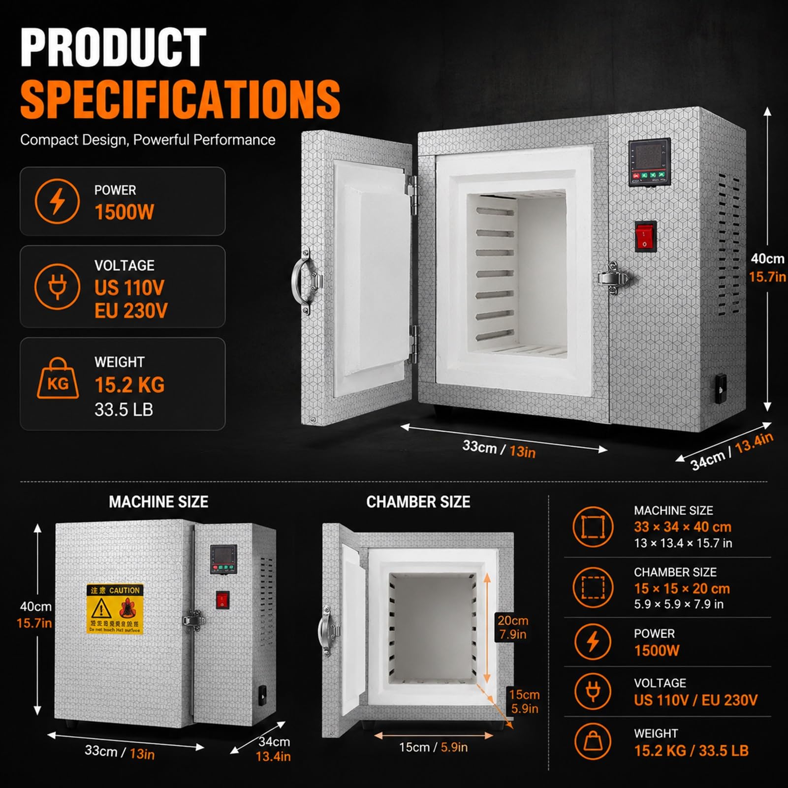 Muffelofen 1500W mit 4-Seiten Heizelement,Ausbrennofen mit Wachsablauf Rinne-Digitaler Brennofen Keramik Hobby Ton Segmentierte Waermesaettigung Thermostat Regler