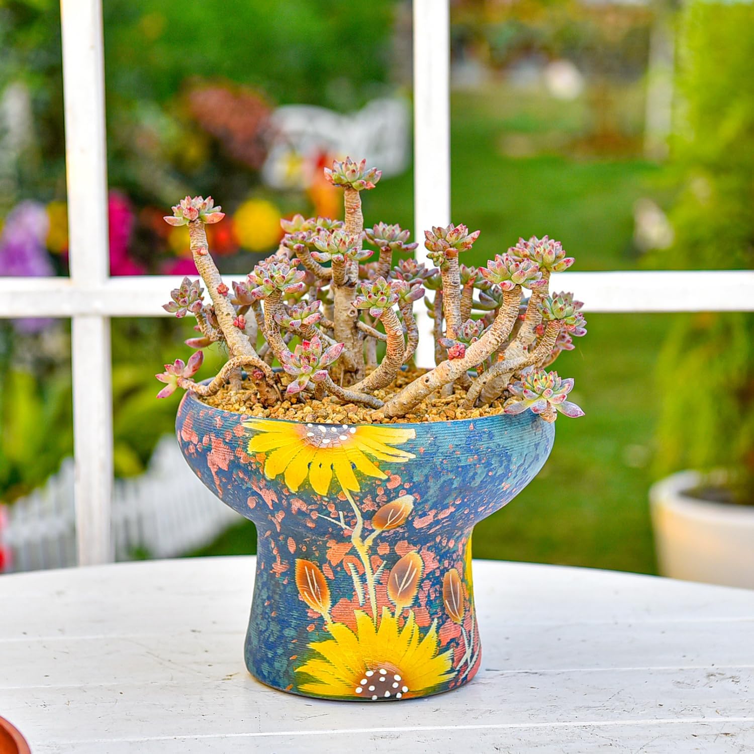 Sungmor 7.5 Inch Large Succulent Plant Pots, Pretty Hand Painted Ceramic Planter with Drainage, Indoor Outdoor Cactus Planter Bonsai Pot, Flower Pot for Indoor Plants Garden Windowsill Desktop Decor