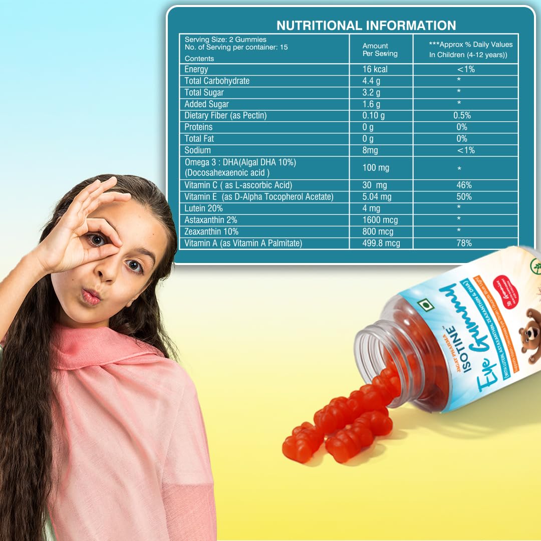 Isotine Eye Gummy for Kids | Daily Eye Nutrition with Lutein, Zeaxanthin, Astaxanthin & Omega | Supports Visual Comfort from Screen Use | Kids-Friendly Formula | Strawberry Flavour | Gluten Free - Image 4 thumbnail