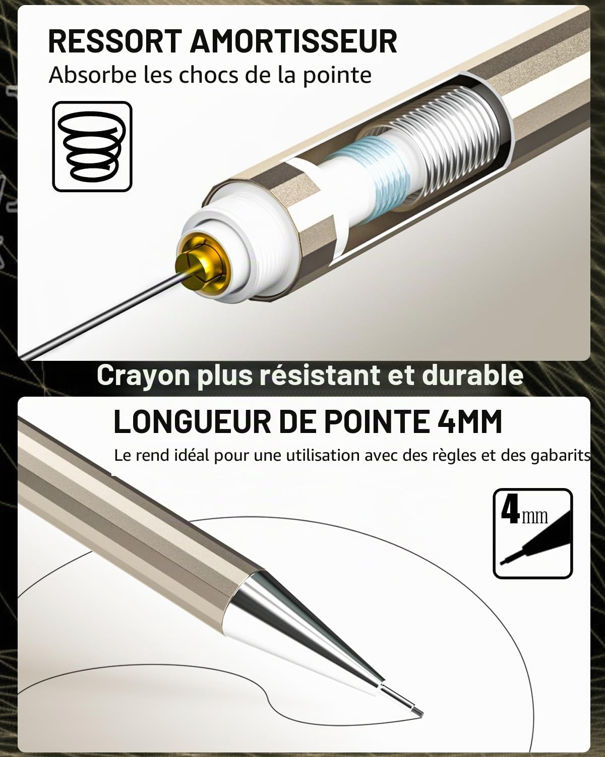 Nicpro 6 Pièces Métal Porte-Mines 0.3, 0.5, 0.7, 0.9, 2mm (4B 2B HB 2H), Art Crayon Mécanique Criterium avec Recharges, Gommes, Taille Crayon, Porte Mine pour Dessin Esquisse illustration Architecture