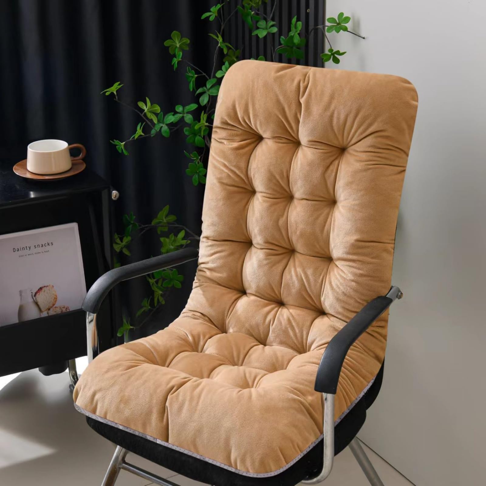 Mateju Office Chair Cushion with High Back & Ties, Velvet Soft Garden Rocking Chair Cushions Thick Seat Pads Sun Lounger Cushions for Indoor Outdoor Recliner Patio Sunbed Bench (Khaki,45x95cm)