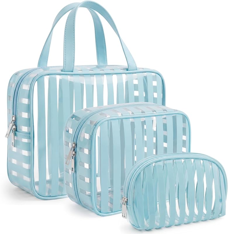Edelefas Kit com 3 Necessaires de Viagem em PVC Transparente Azul com Zíper e Alça