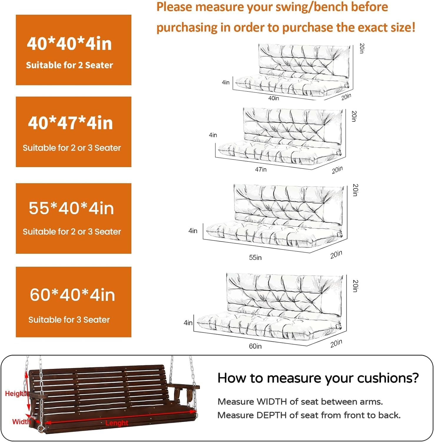 Patio Swing Cushions Double Sided, Porch Swing Cushions 3 Seater Replacement, 60Inch x 40 Thicken 4" Waterproof Garden Swing Bench Cushions with Ties, Fit for 58"-62" Swings, Striped