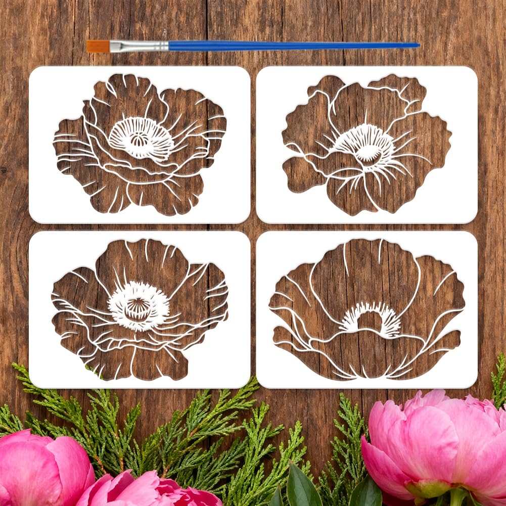 FINGERINSPIRE 4PCS Poppy Flower Stencils 29.7x21CM Single Poppy Bloom Drawing Template Reusable Wildflower Plant Decoration Stencils with a Brush for Wall Wood Fabric Home Decor DIY Project