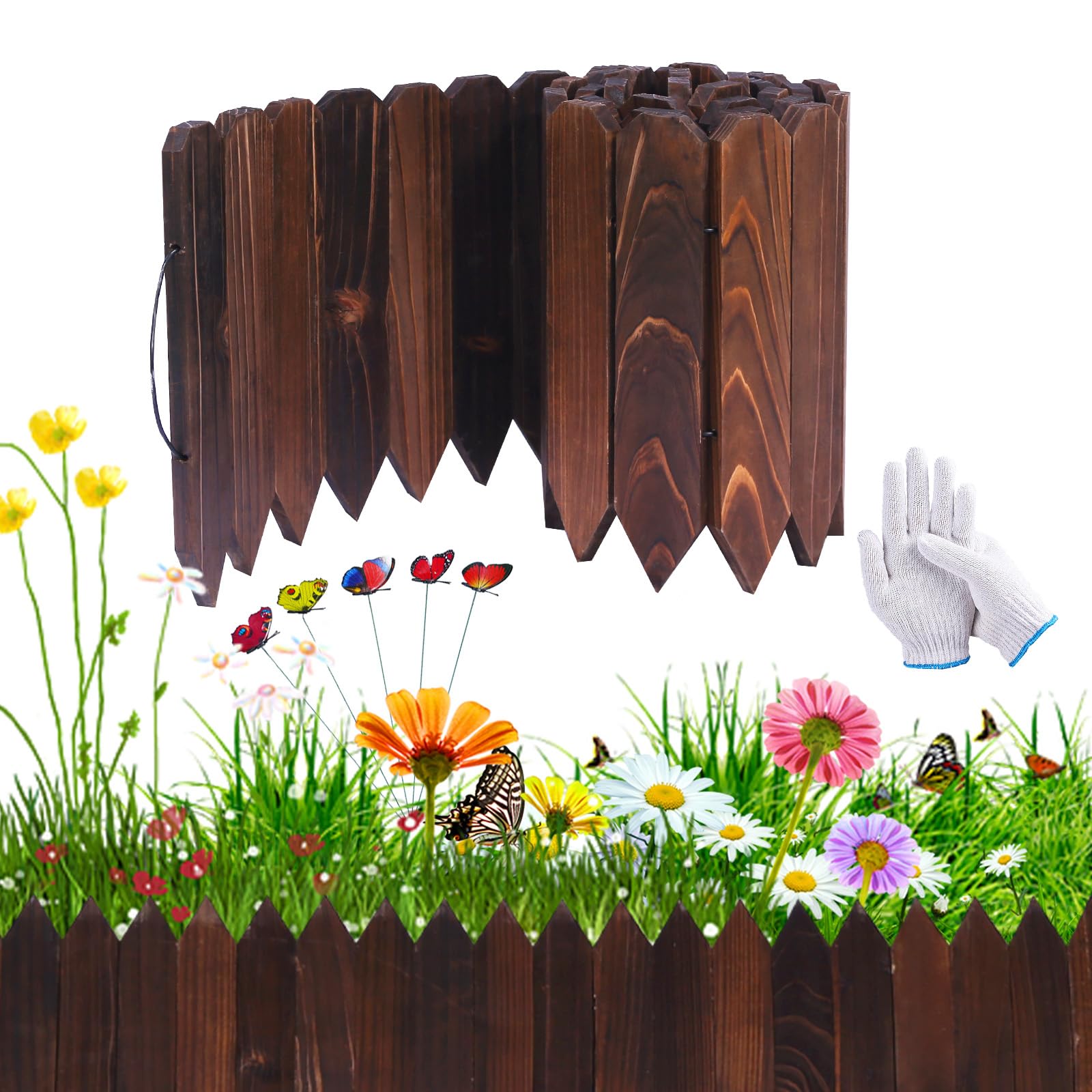 Garden Wooden Short Fence Garden Edging Border Anti-Corrosive Wood Landscape Border Edging with Butterfly Ornaments for Gardens Lawns Balconies Courtyards Planting Fences 11.6x6.6 ft