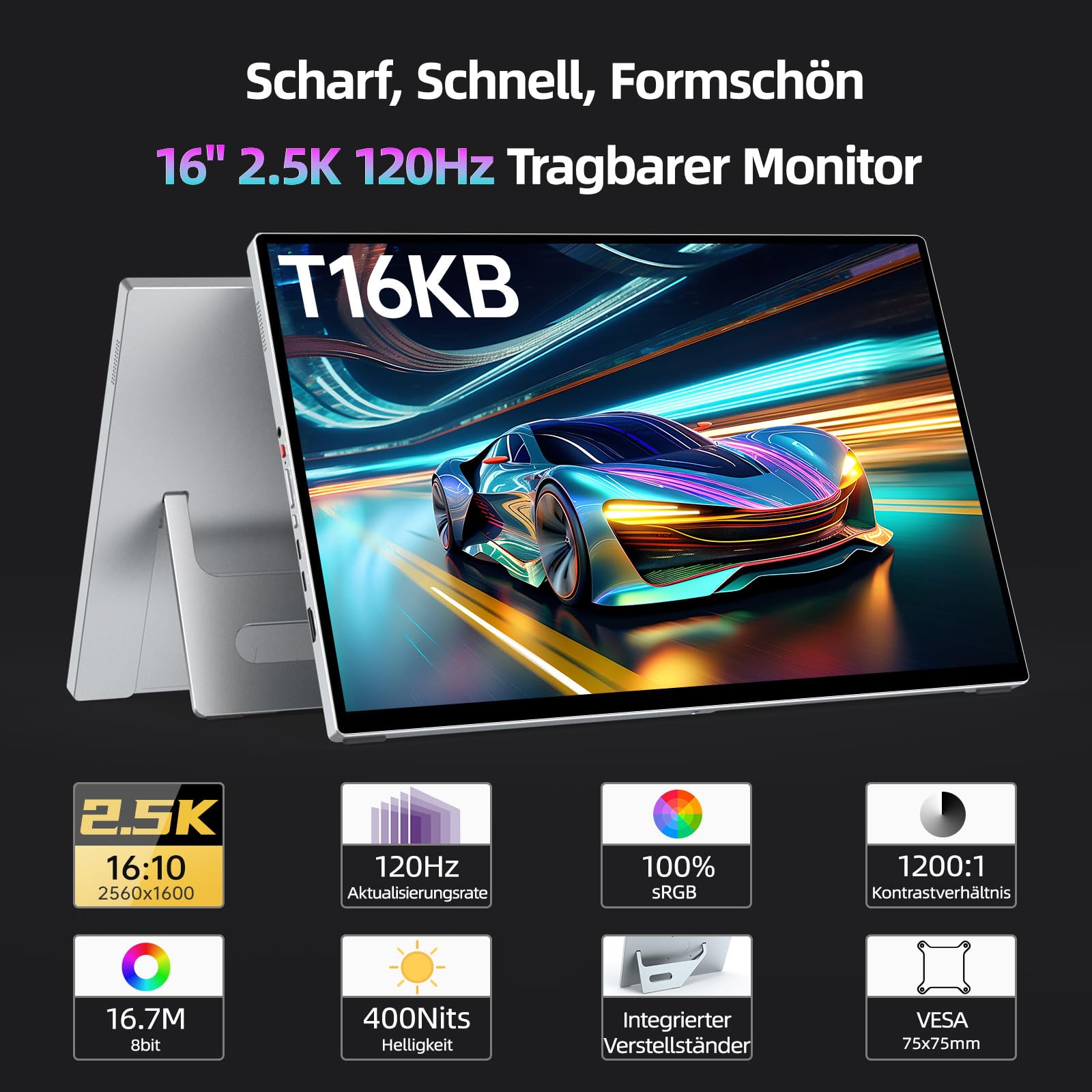 Intehill Portable Monitor Touchscreen 16 Zoll 2,5K 120Hz Gaming, Tragbarer Monitor Touchscreen, USB-C Monitor mit 10-Punkt Multi-Touch, 400Nits, 100% sRGB, Glänzend, VESA, Alu-Gehäuse