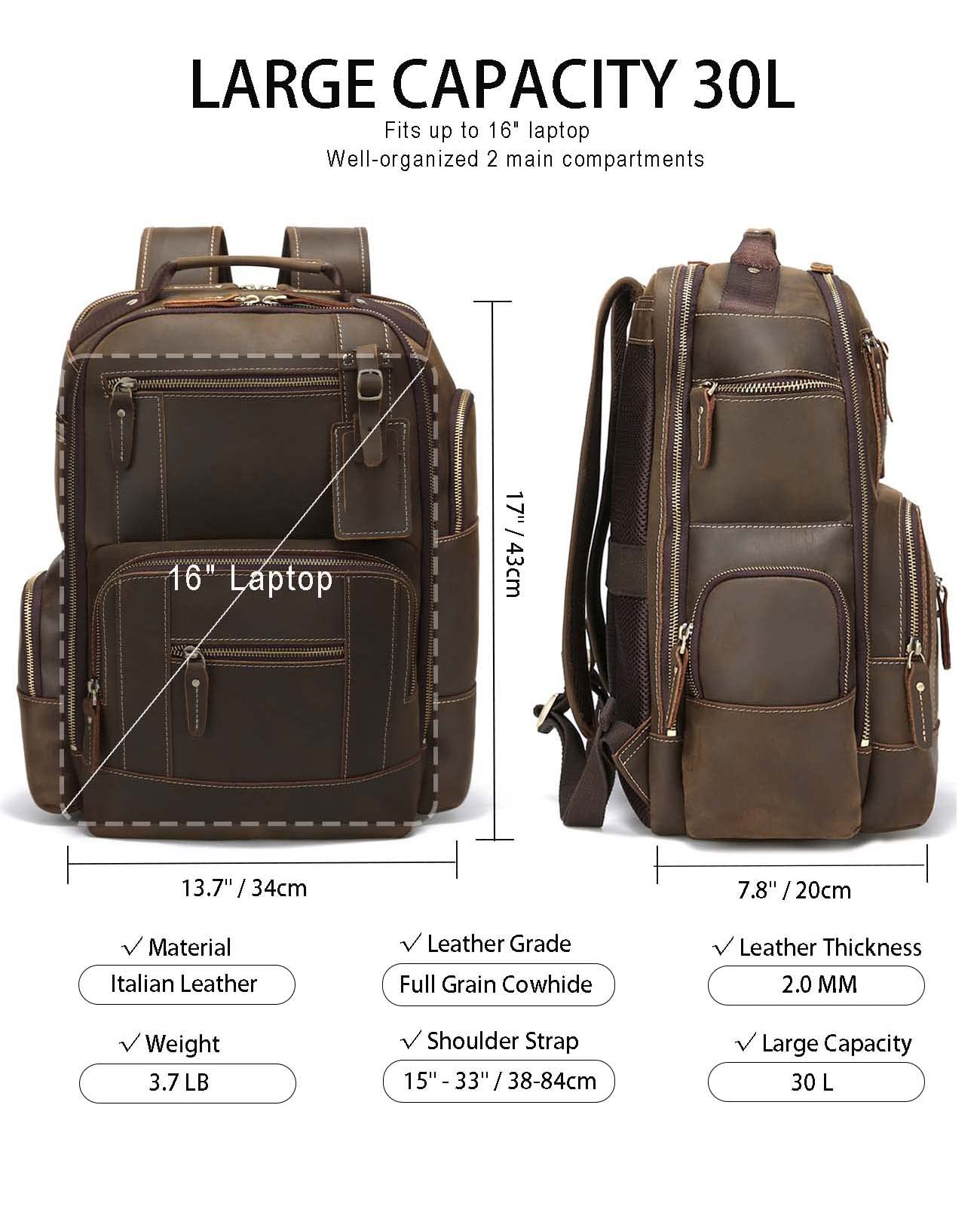 Zaino Uomo In PU Con Borchie E Tasca Per Laptop 15.6" | Grande Capacità Per Viaggio E Uso Quotidiano