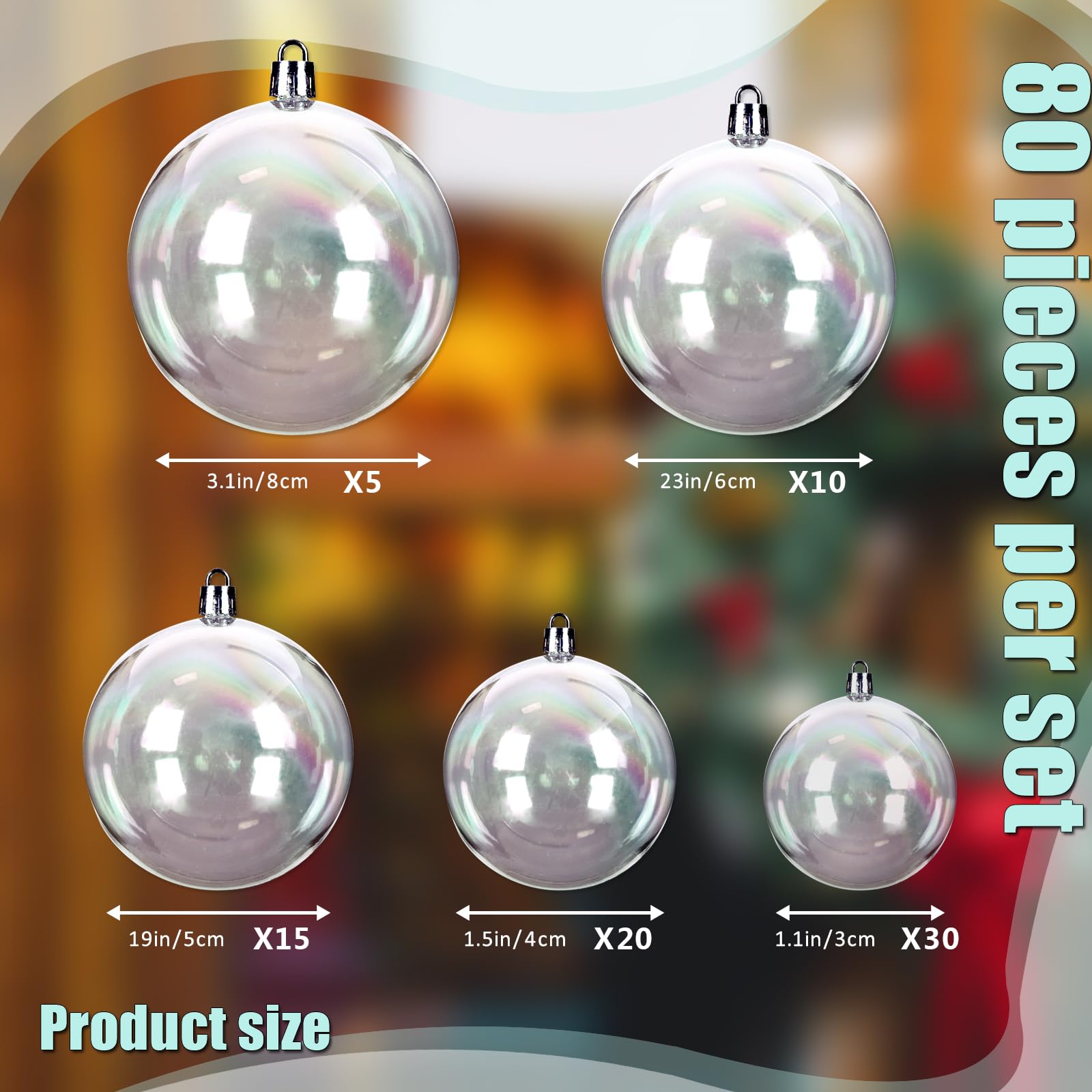 80 Pieces Iridescent Ball Christmas Ornament 3.15inch 2.36inch 2inch 1.57inch 1.18inch Plastic Clear Hanging Christmas Tree Ornaments for DIY Crafts Home Decor(No Rope)