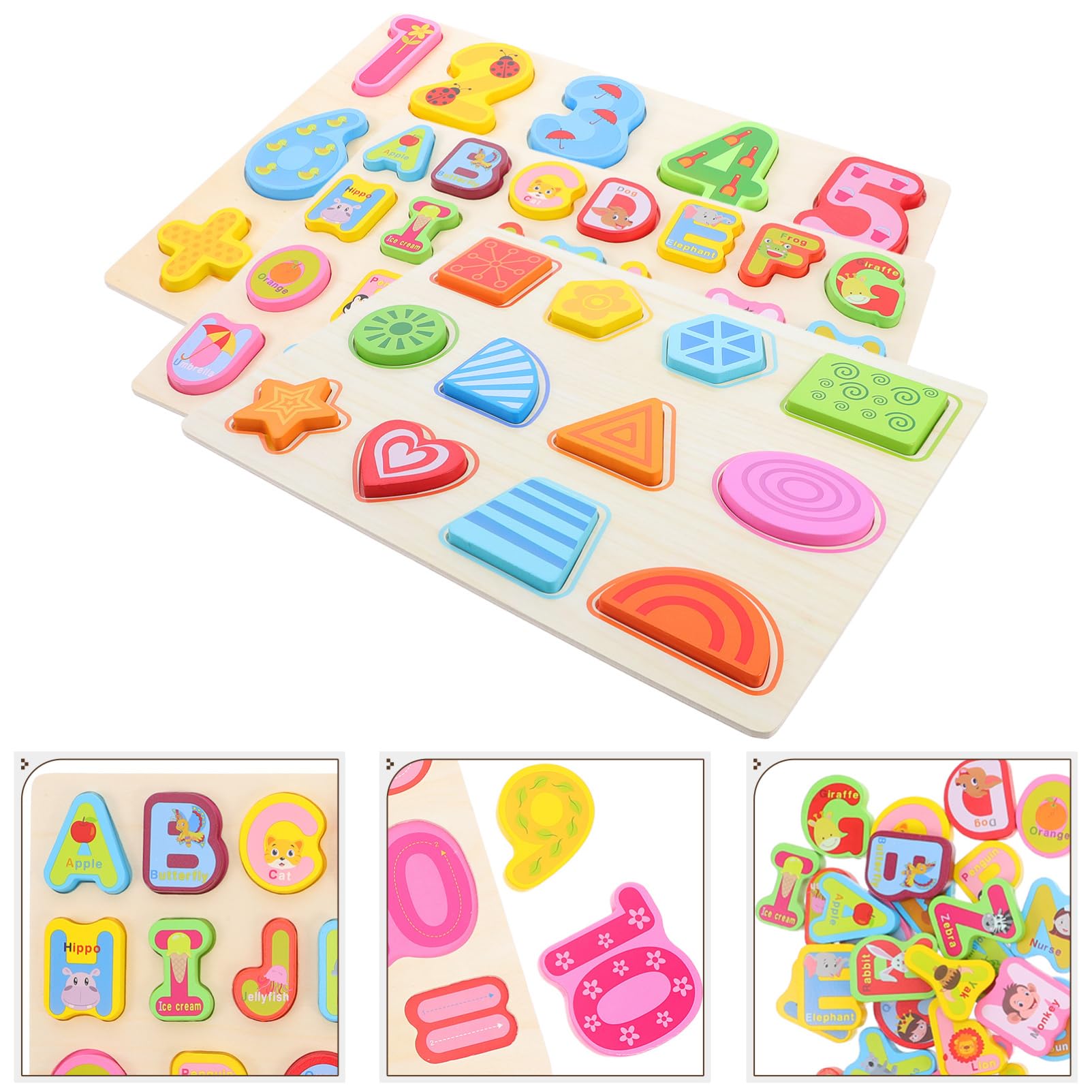 Holzpuzzle 3 Stück mit Alphabet, Zahlen und Formen | Lernspielzeug für Kleinkinder, Sortierbrett für Frühe Bildung, Fördert Feinmotorik und Farbzuordnung