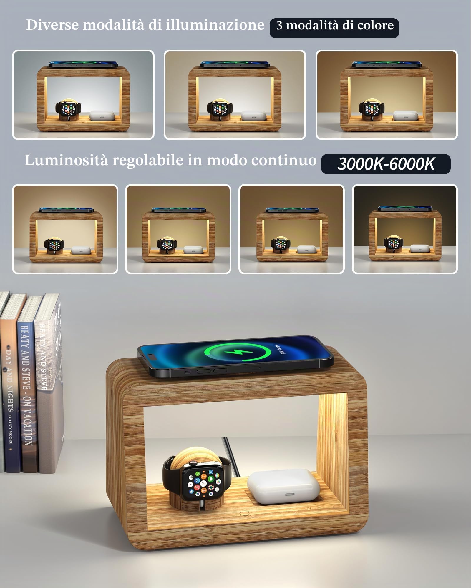 Stazione di ricarica wireless: caricabatterie wireless 3 in 1 con luci notturne-stazione di ricarica rapida i Phone compatibile con i Phone 16/15/14/13/12/11 Pro Max/Xs Max/8, Air Podes Pro