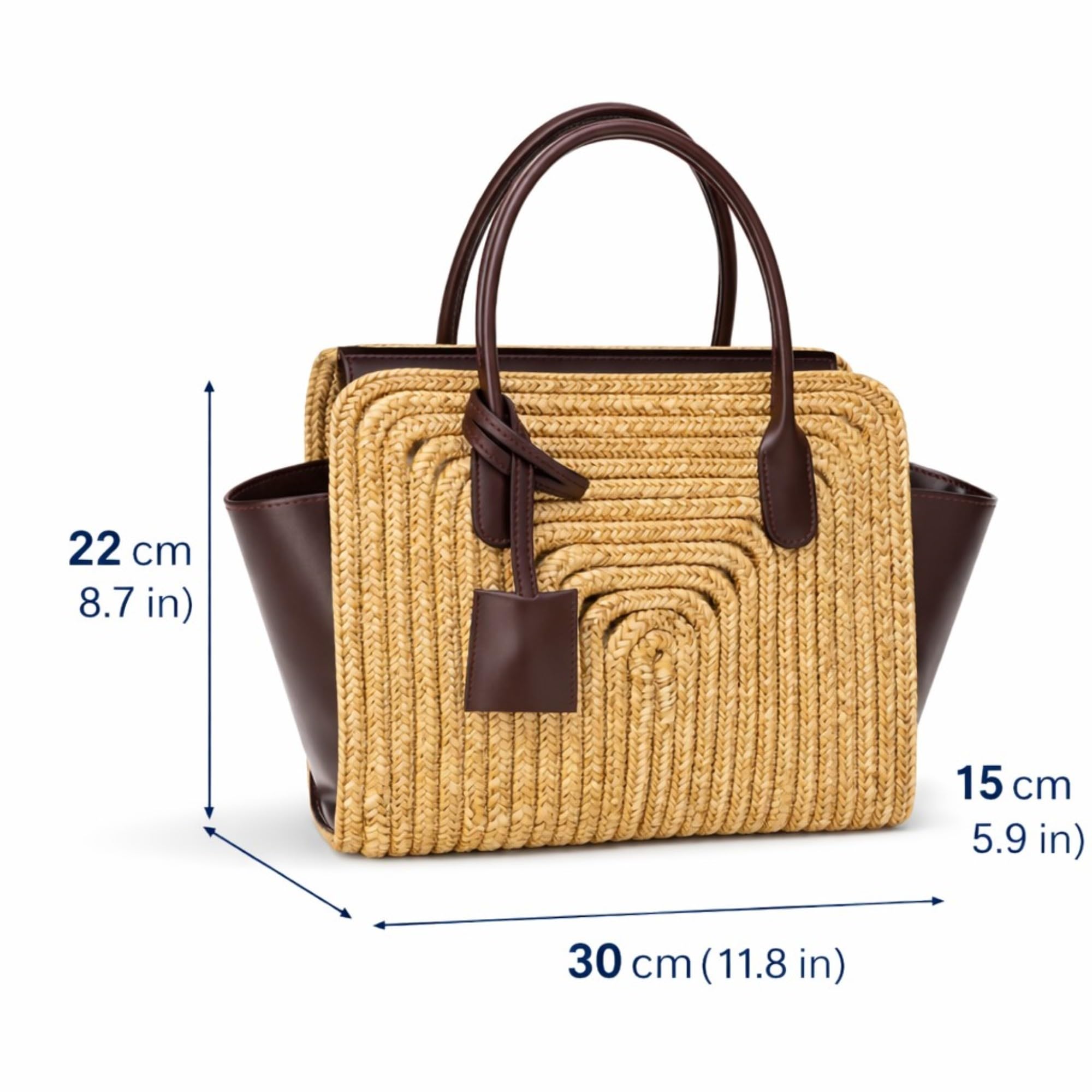 Amalfi Bolso de mano de rafia para mujer, bolso de verano trenzado con detalles de piel sintética, elegante bolsa de playa para verano y uso diario, bolso mediano 22 x 30 x 15 cm