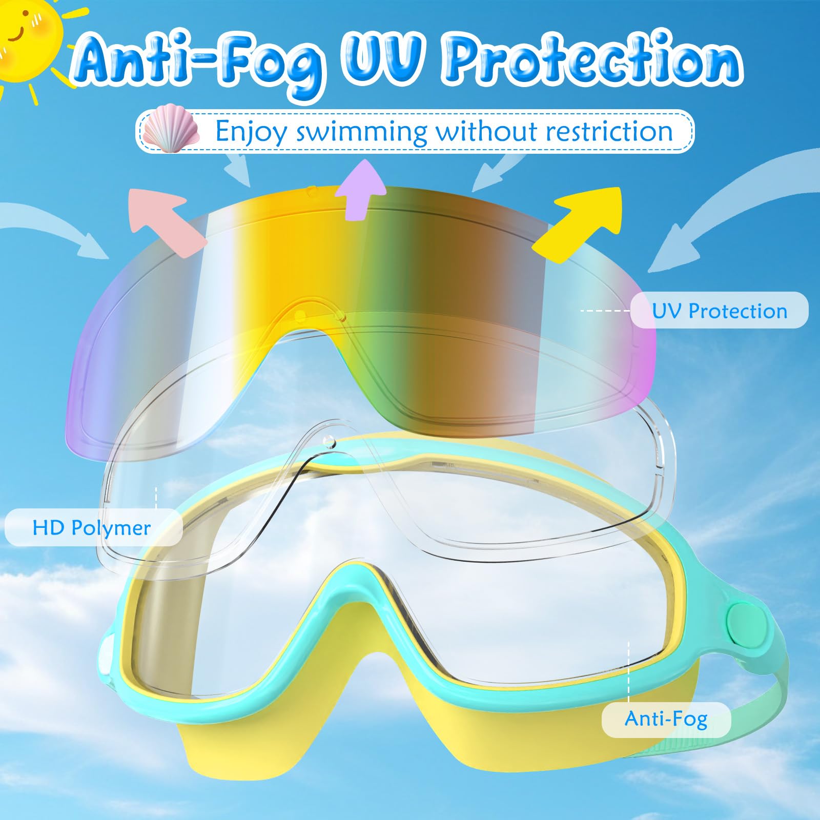 VegoVia Kinder-Schwimmbrille, Anti-Beschlag, UV-Schutz, Weitsicht, Schwimmbrille für Kinder von 3–15 Jahren, Jungen, Mädchen, Kleinkinder, 2 Stück