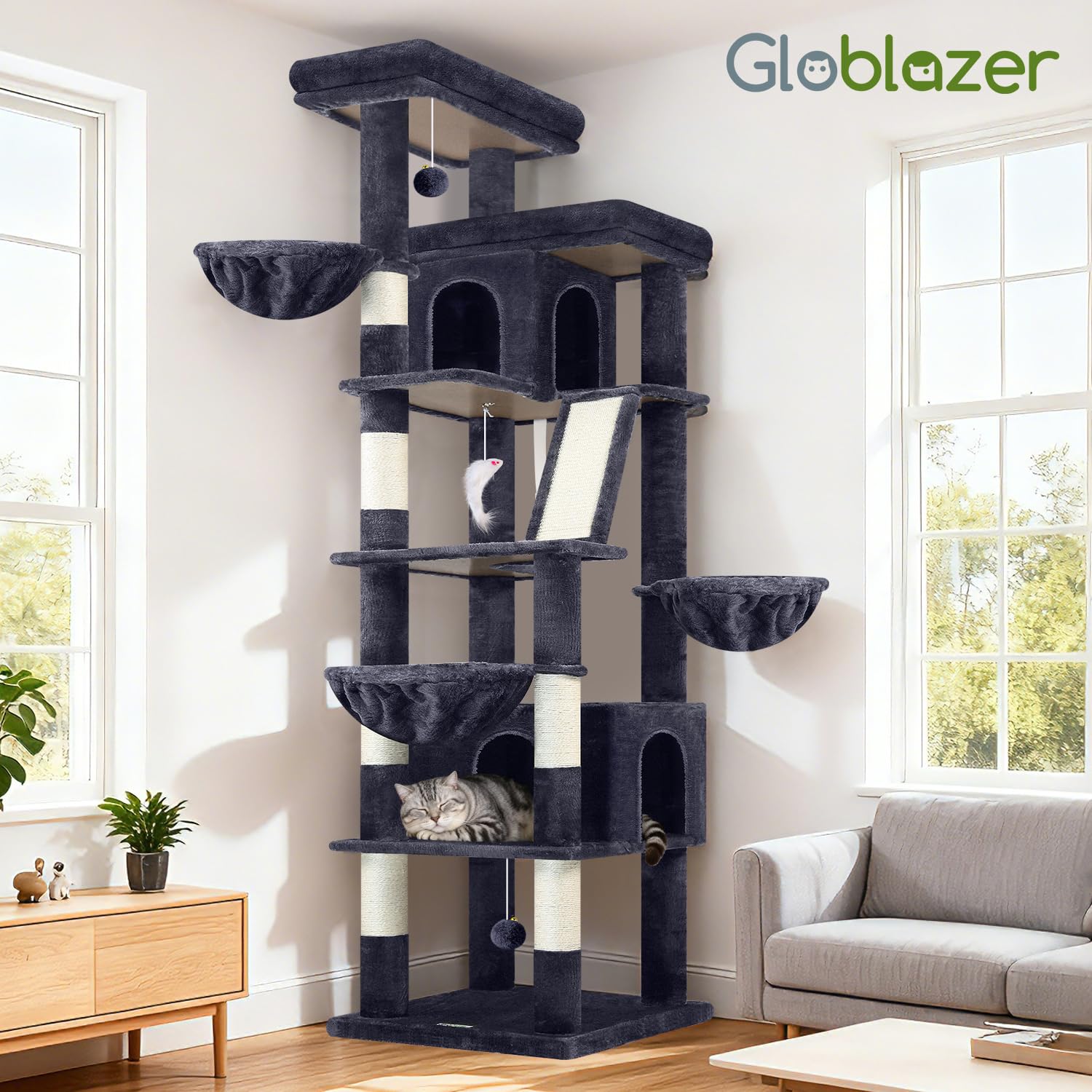 Globlazer Drapak duży XXL 204 cm z 2 bardzo dużymi, wyściełanymi platformami 50 x 30 cm, 2 duże domki dla kotów, 3 wiszące kosze, sizalowa deska do drapania, stabilne drzewko dla 3-5 dużych kotów