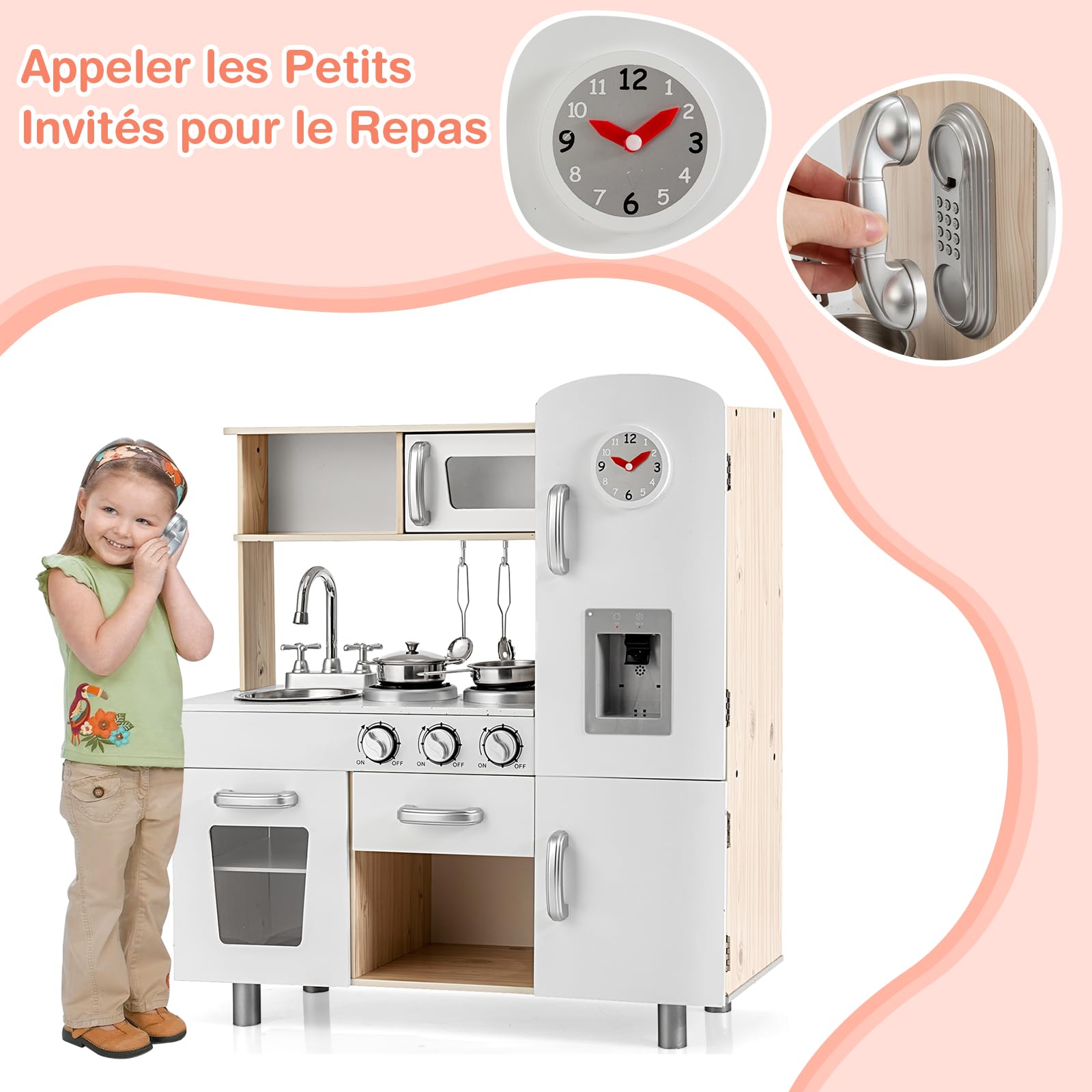 GOPLUS Cuisine Enfant, Cuisine Equipee Complete Enfant avec Accessoires Abondants, Jouet de Cuisine avec Lumières et Sons, Téléphone, Évier, Jouet d'Imitation pour 3+ Ans