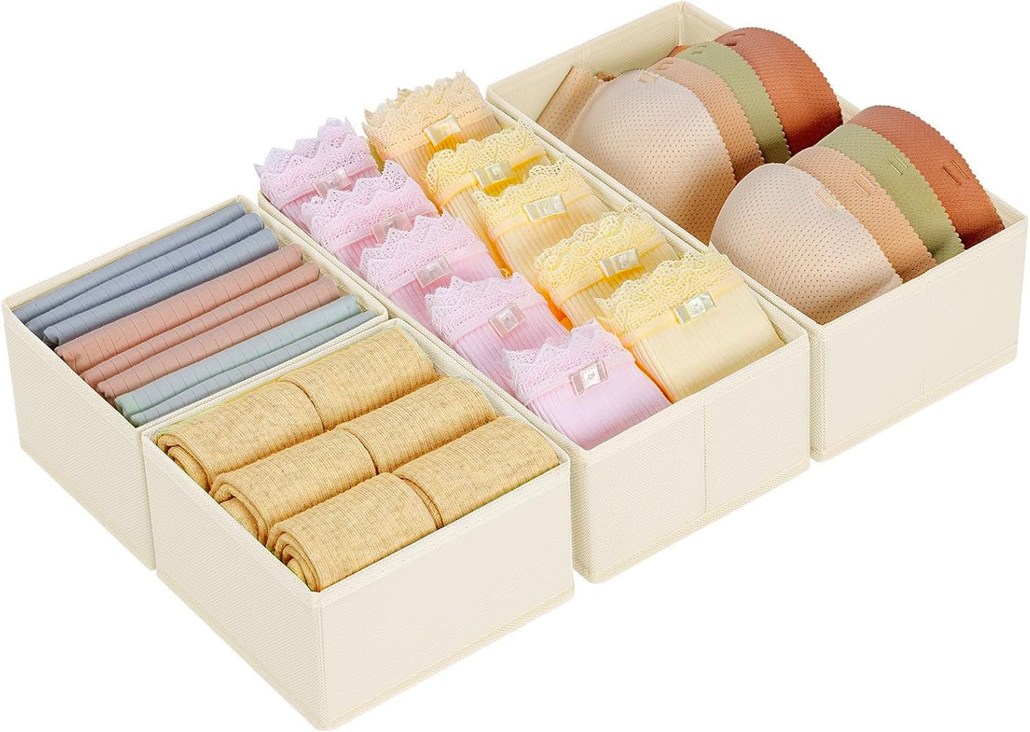 Homsorout Kleiderschrank Schrank Organizer - 4er Set Schubladen Organizer Kleidung Baby, Faltbare Aufbewahrungsbox Stoffboxen Aufbewahrung für kommode, Socken, BHs, Beige