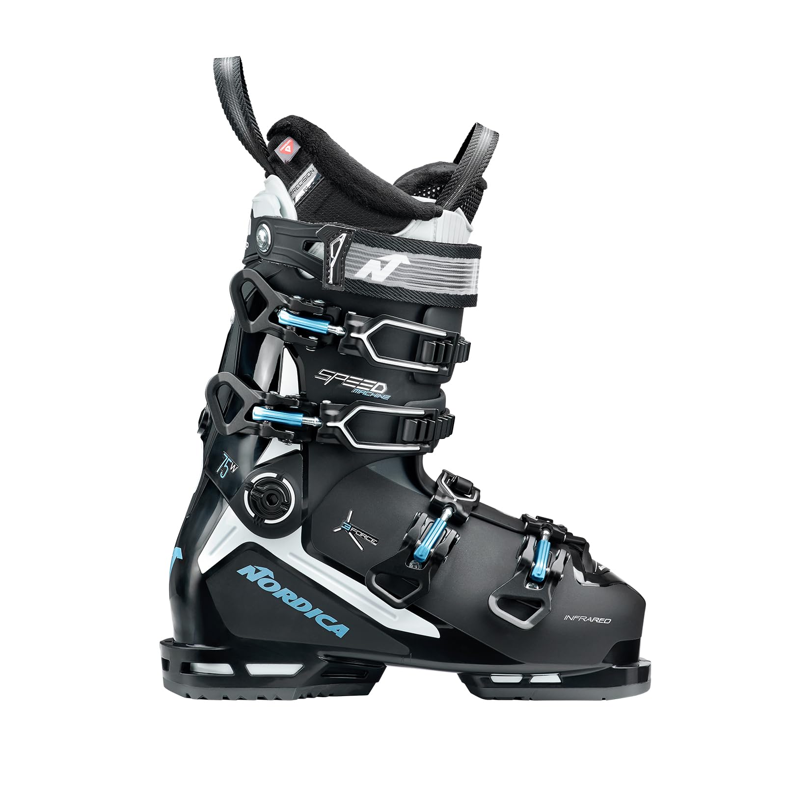 Nordica Speedmachine 3 75 W Women's Medium Fit High Performance Alpine Ski Boots (Black/White/Light Blue, 24.5)