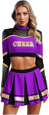 2 Pcs Womens Cheer Leader Outfit Long Sleeve Sequins Crop Top with Pleated Skirt Set