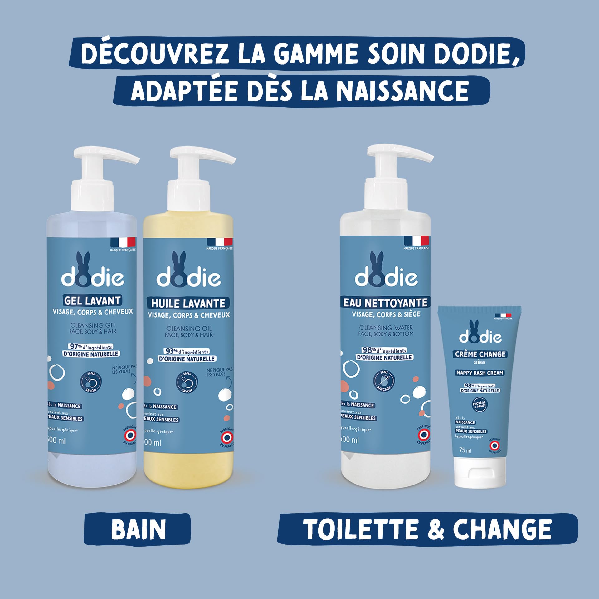 DODIE Gel Lavant 3 en 1 (500 mL) - Nettoyant Visage, Corps et Cheveux - 92% d’ingrédients d’origine naturelle, Hypoallergénique - Dès la naissance