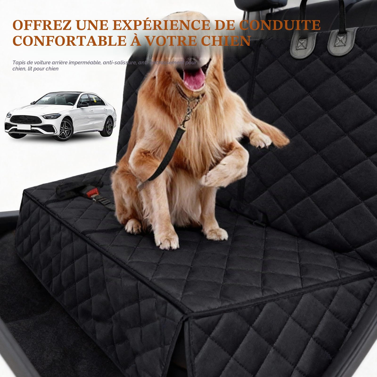 GOMETY Housse Voiture Chien 135x120cm, Protection Siège Arrière Imperméable Antidérapante, Couverture de Voiture pour Chien avec Ceinture de Sécurité, Convient à Toutes Les Voitures, SUV et Camions