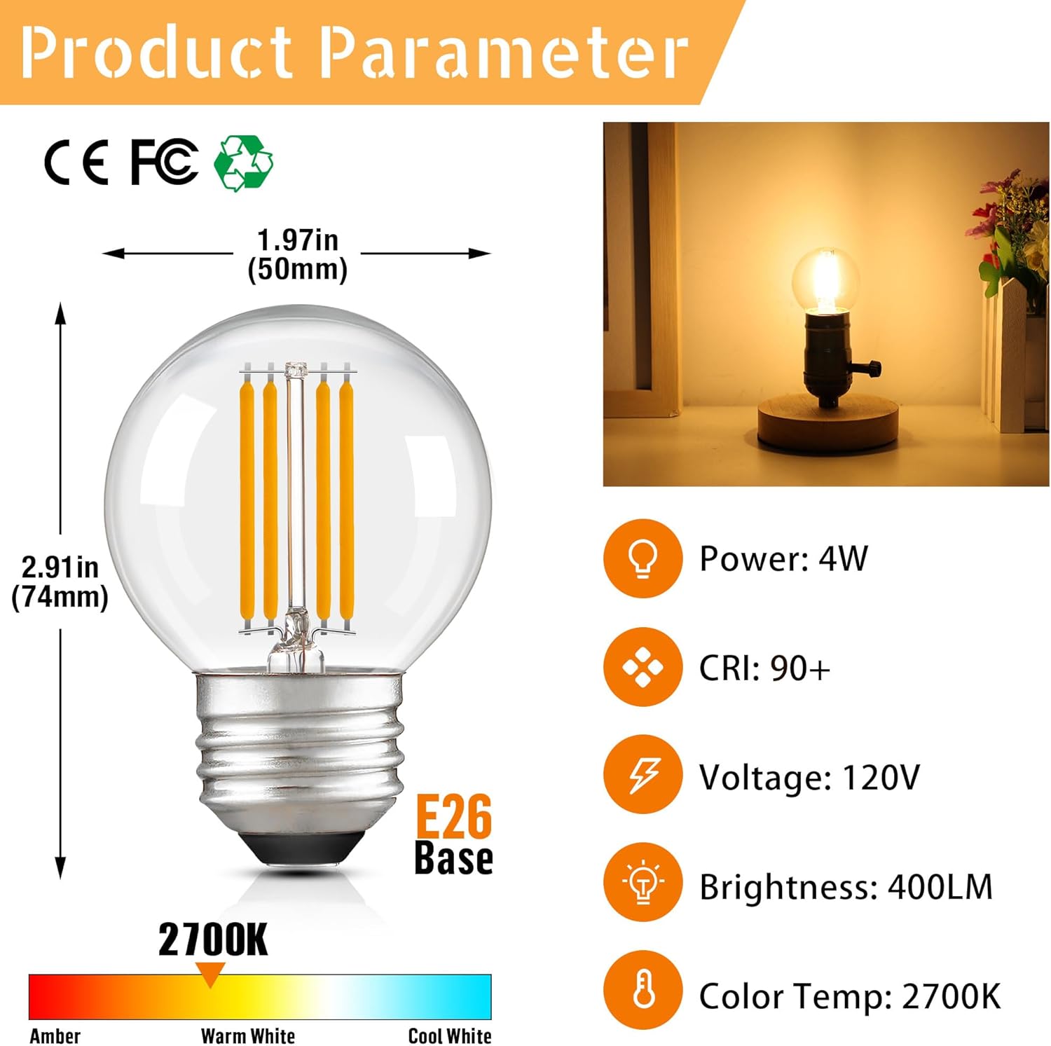 Dimmable LED G16.5 Light Bulb 40W Equal 4W,Small Round Light Bulbs Globe Short Light Bulbs for Chandelier,Lamp,Bathroom Vanity,Sconce,Warm White 2700K 400LM,Pack of 6