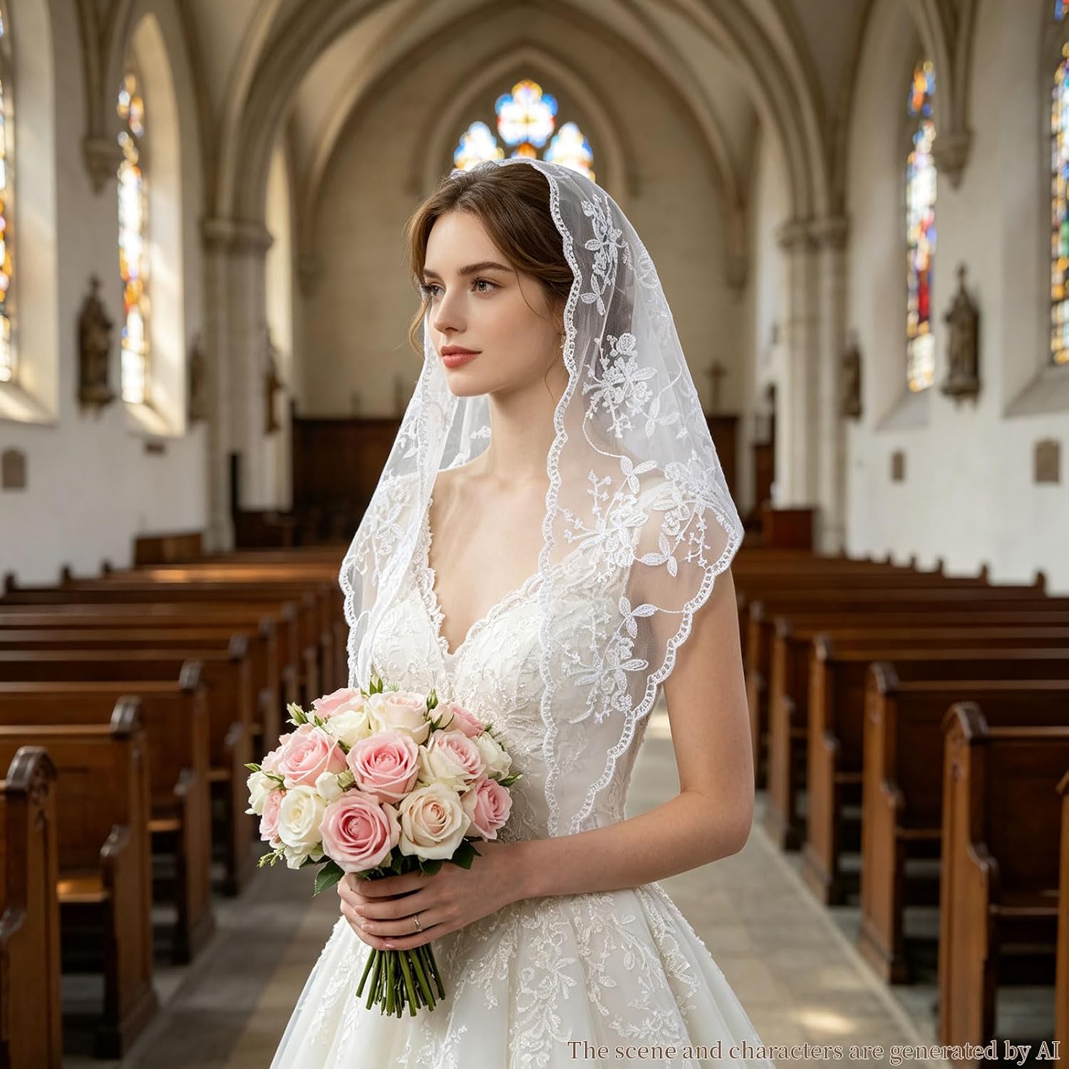 QIUTIMIY Lace Triangle Veil, Women Print Mantilla Veils for Church Wedding image 3