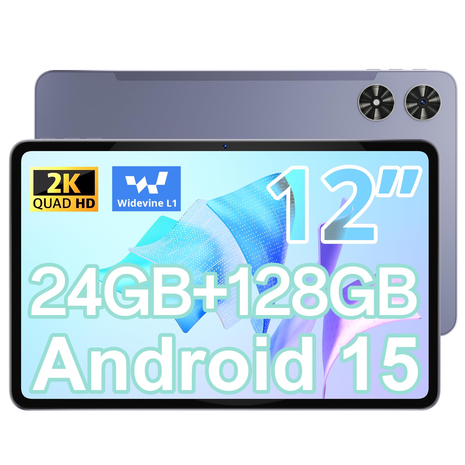 Tableta de 12 pulgadas, tableta Android 15, pantalla IPS 2K de 1200x2000, núcleo Ocat, 24 GB de RAM, 128 GB de ROM ampliable, cámara dual, 5MP frontal, 13MP trasera, batería de larga duración de 8000 mAh, certificación GMS