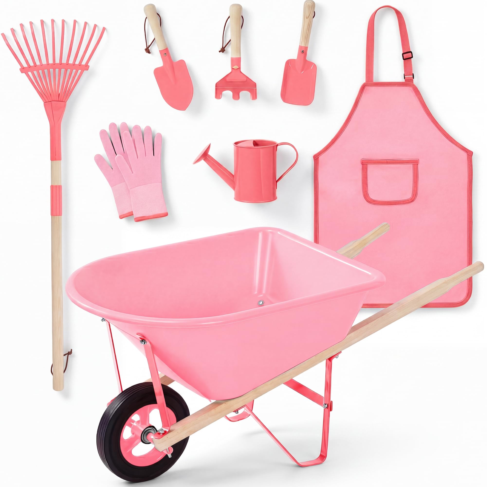 Best Choice Products Set di attrezzi da giardinaggio per bambini, 8 pezzi con carriola, utensili in metallo, annaffiatoio, grembiule e guanti, set da gioco per bambini da giardino per bambini dai 3