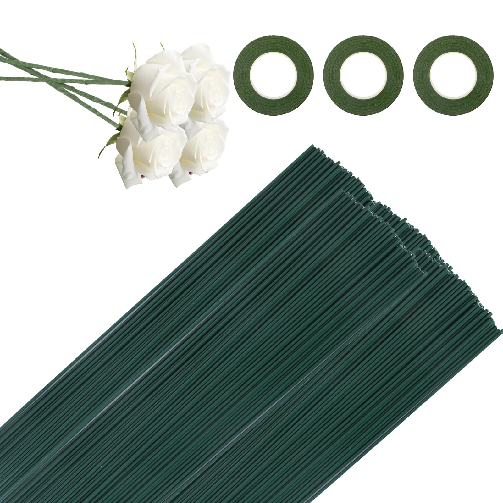 100 Pcs Florist Wire Stems Kit with 3 Rolls Green Floral Tape, Craft Floral Wire for Wreath Making and Floristry Supplies, Floristry Wires Long Flower Sticks for DIY Bouquets and Flower Arranging