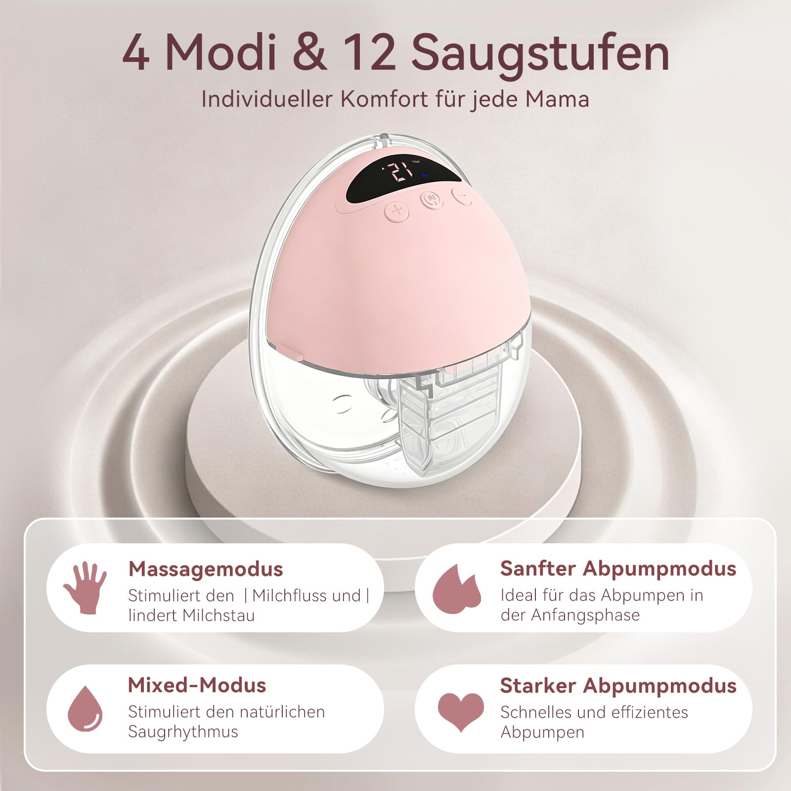 Milchpumpe Elektrisch Handsfree, Tragbare Milchpumpe Freihändig & Leise, 4 Modi und 12 Saugstufen, Wiederaufladbare Elektrische Milchpumpe mit 19/21/24 mm Flansch