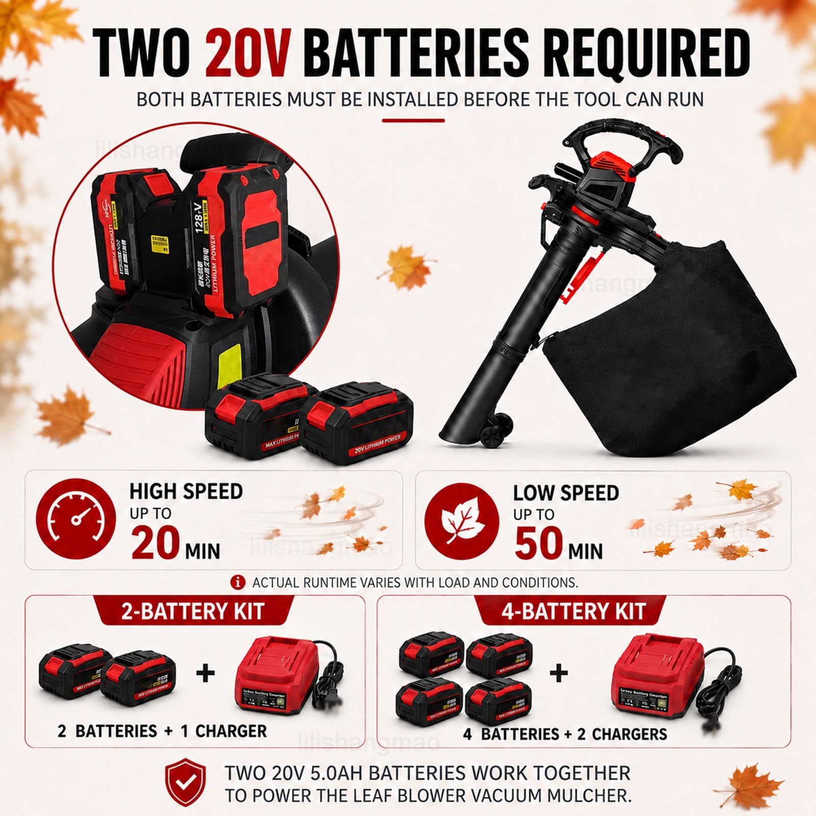 Aspirador De Hojas con Bolsa 40 L Y hasta 50 min 4×5.0Ah