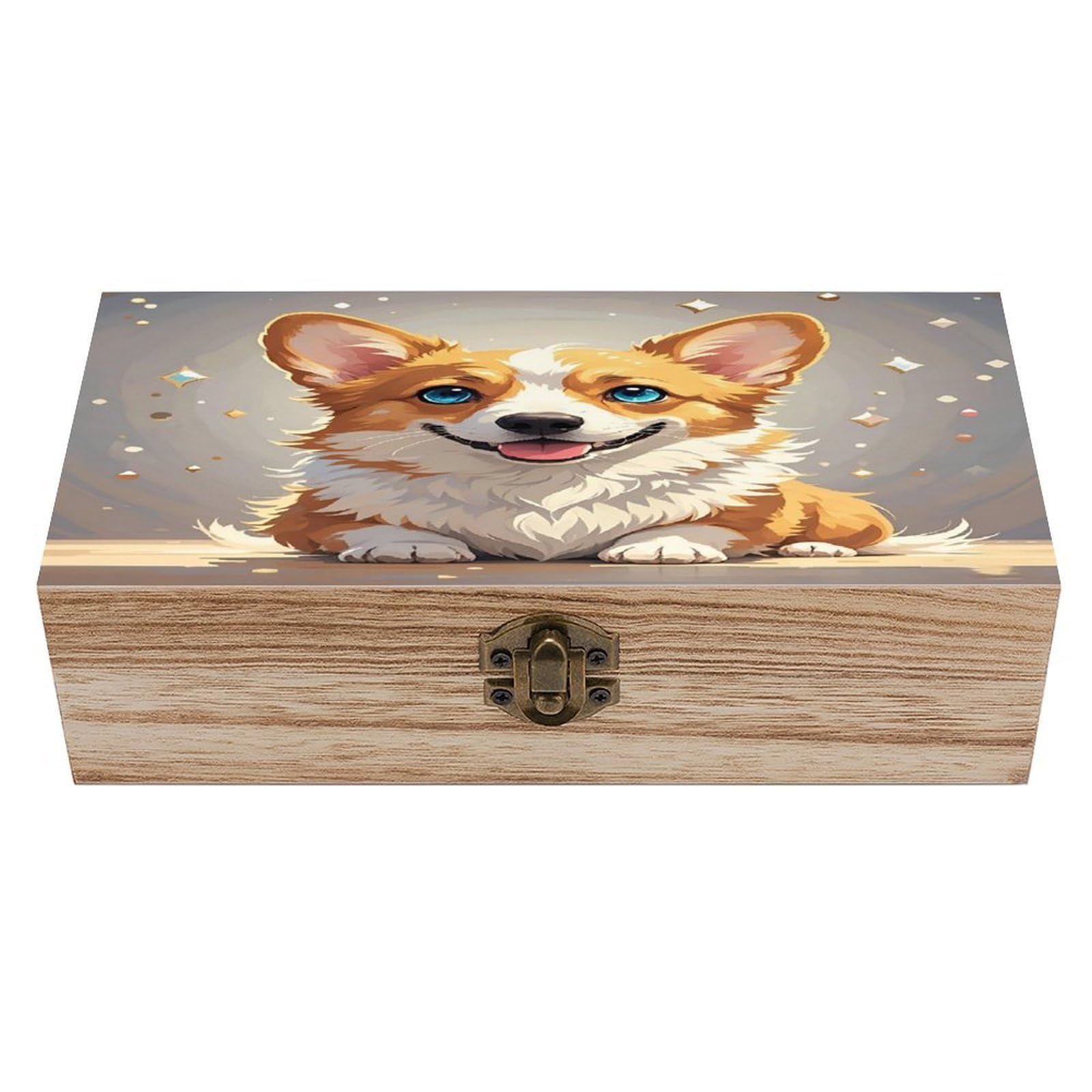 FekiLoot Cute Corgi Dog Wooden Storage Box Exquisite Wood Keepsake Box Vintage Wooden Gift Jewelry Case for Crafts And Photo Storage Boxes