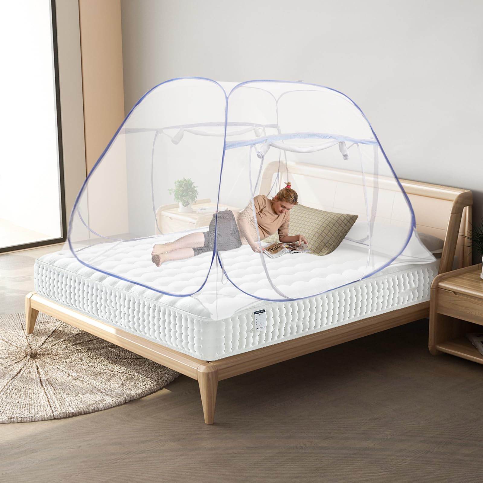Mosquitera para cama plegable, mosquitera portátil para viaje, cama doble, 200 x 180 cm, agujeros más finos, protección contra insectos de doble puerta, fácil instalación para dormitorio