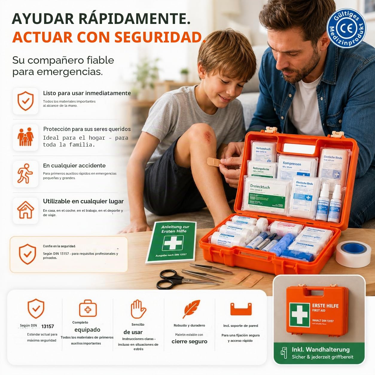 Botiquín de primeros auxilios - Caja DIN 13157 para pared, hogar y empresa - y 5 pegatinas - botiquín de primeros auxilios naranja - incl. montaje en pared