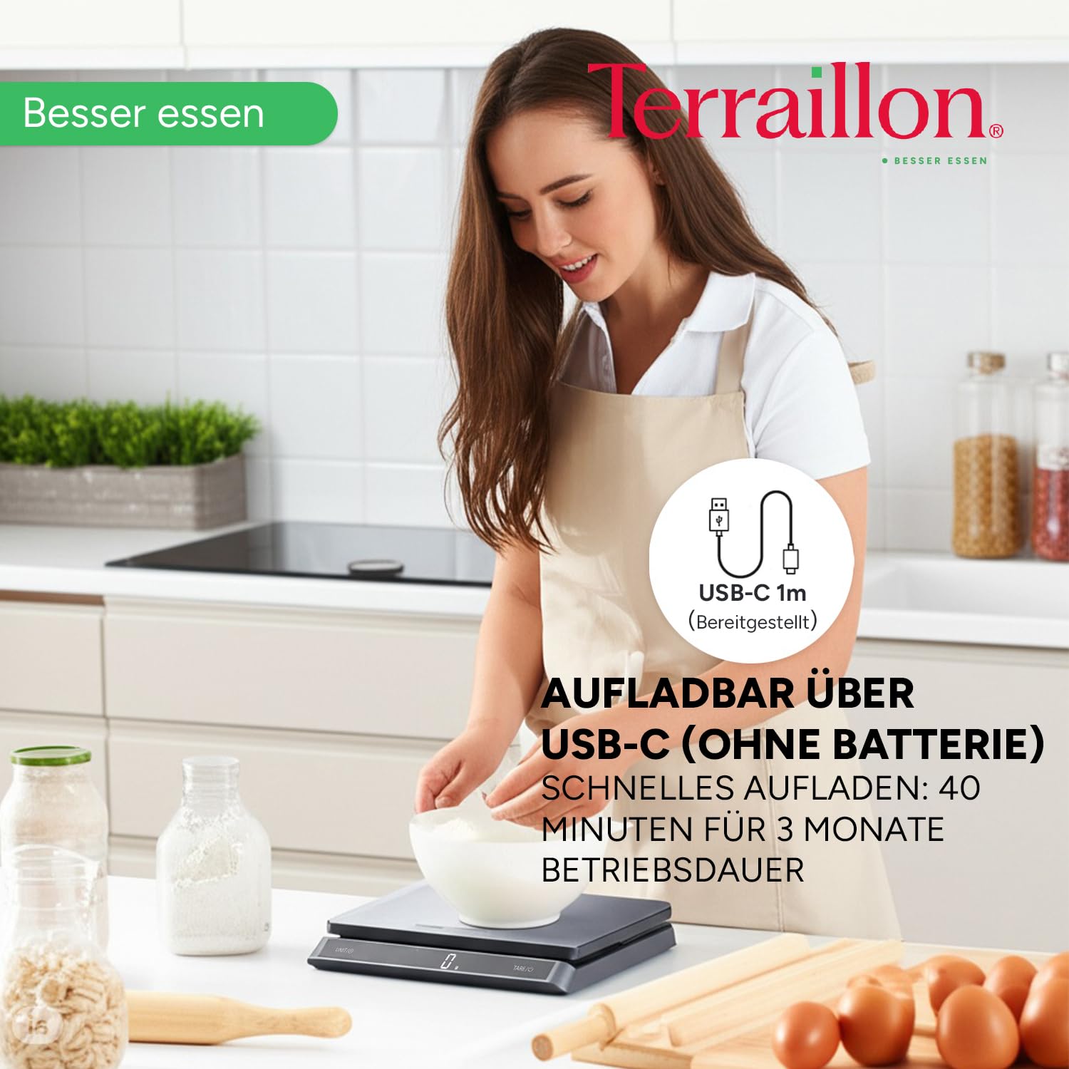 TERRAILLON - PRO USB15 – Professionelle elektronische Küchenwaage, große Platte aus Edelstahl, 23 x 16 cm, Kapazität 15 kg, Skala 1 g, wiederaufladbar über USB C, LED-Display mit