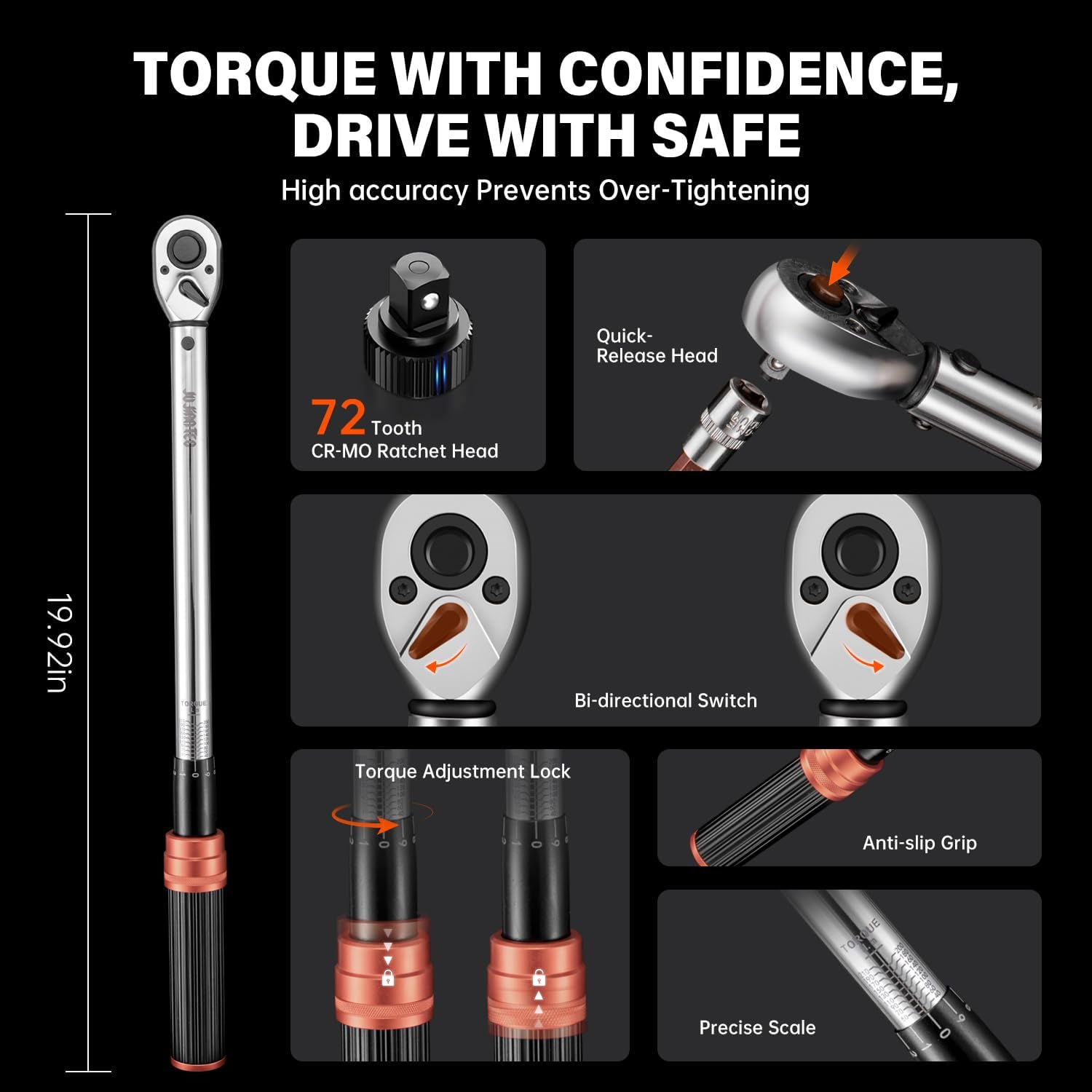 6-Piece 1-1/2" Drive Click Torque Wrench Set, 40-210Nm (±3% Accuracy), Master Torque Wrench Kit, Includes CR-V Sockets (17/19/21/24mm) & 5" Extension Bar, 72-Tooth Ratchet