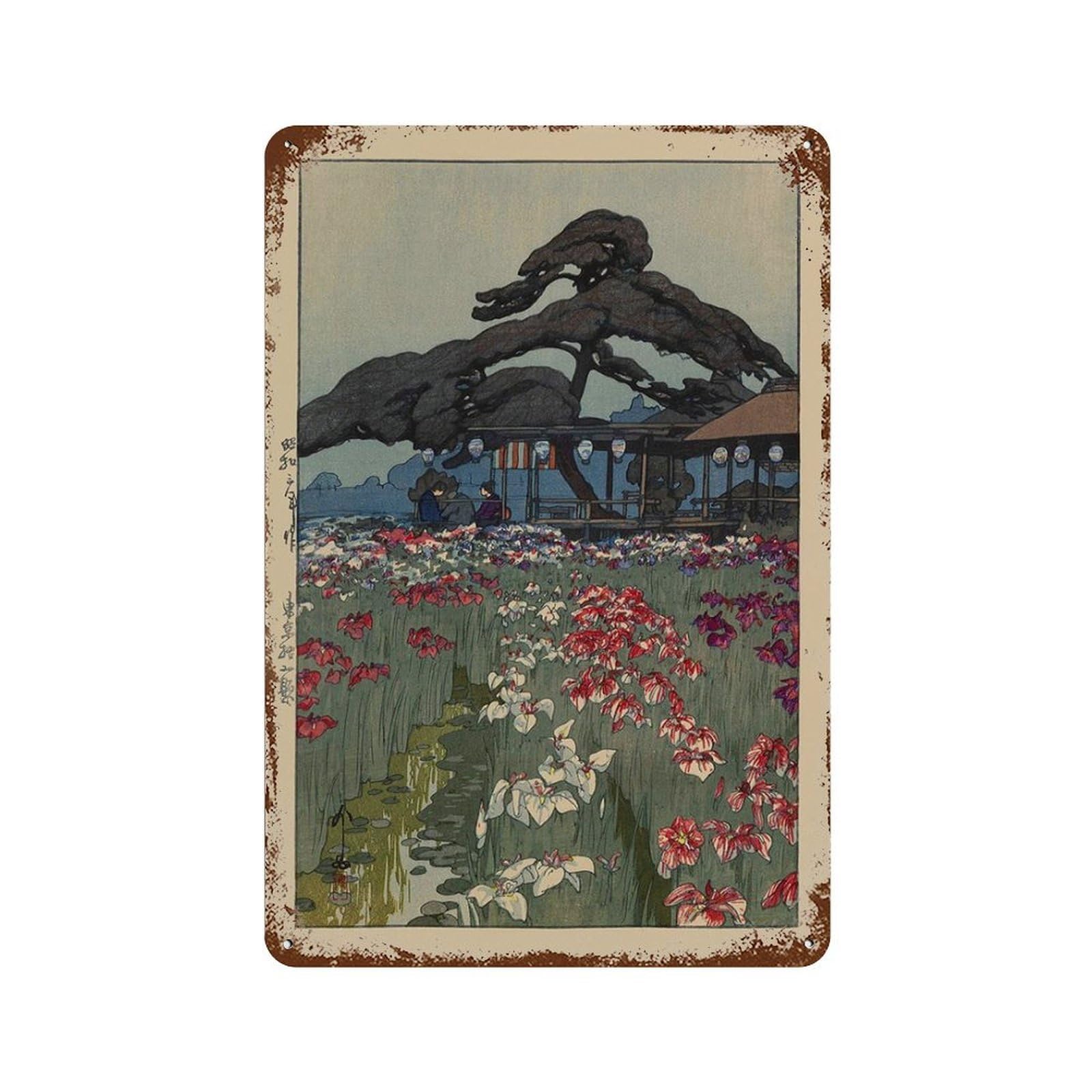 xiaoxiaoshen Iris Garden in Horikiri by Yoshida Hiroshi Japanese Woodblock Wall Decor Art Metal Tin Poster Modern Home Decor Art Home Bar Shop Decorations Vintage Sign 30x20cm