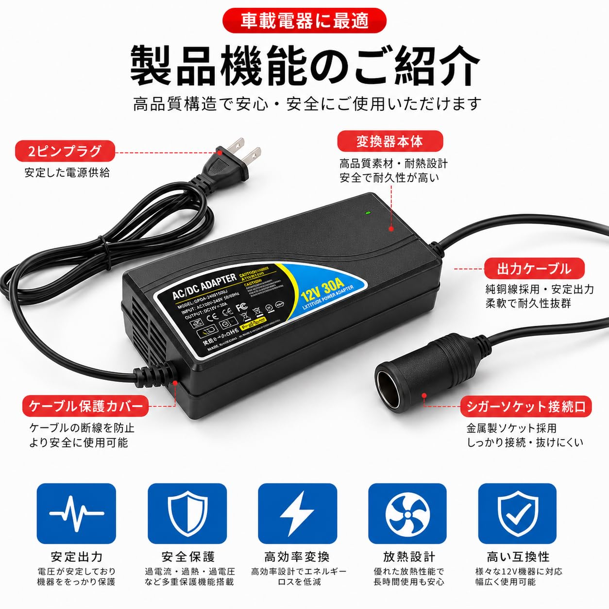 Yutasa AC/DC変換アダプター 12V 30A 360W シガーソケット対応 AC100V-140V対応 家庭用コンセント変換 車載機器対応 電源コンバーター 空気入れ 車載炊飯器 カー冷蔵庫対応 冷却ファン搭載