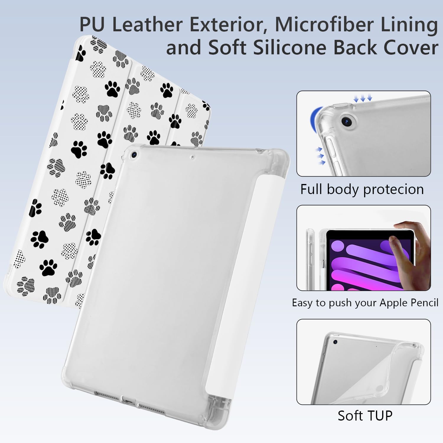 Cute Kawaii Paw Print for iPad (A16) 11th Gen Case 11 Inch 2025, for iPad 10th Gen Case 10.9 Inch 2022 with Pencil Holder, Auto Sleep/Wake, White Leather Soft TPU Back Cover