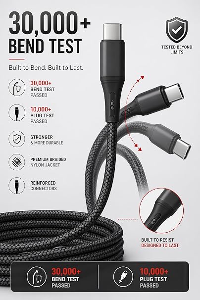 Type C-C ÖRGÜLÜ 60Watt PD Hızlı Şarj Kablosu, 1Metre, REMORAX Wahoo (1Ad x 1Metre Siyah)