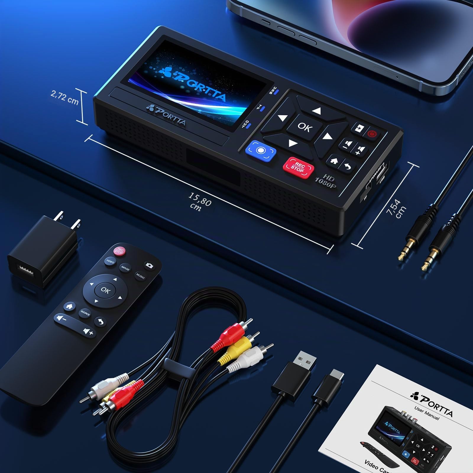 Portta VHS to Digital Converter, Video VHS Digitalisieren Recorder mit Remote, Videokassetten Digitalisieren Compatible with VHS, VCR, DVR, DVD, Hi8, Mini DV, Camcorder, Cassette Tape, Gaming Consoles