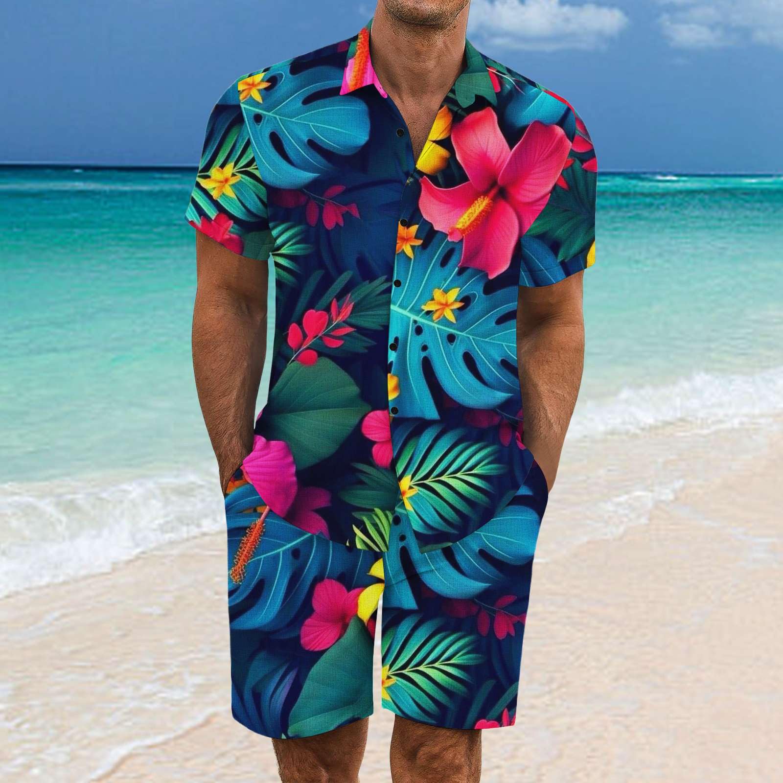 2 Pezzi Uomo Estiva Traspirante in Misto Lino - Completo Stampato e Pantaloncini Tute da Sportivo Completo Leggero Estivo Traspirante Italiana Outift per Vacanza e Tempo