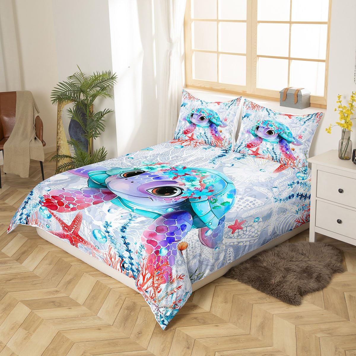 Feelyou Kids Sea Turtle Bedding Set - Toddler Size Ocean Duvet Cover & Pillow Case, Blue & Black