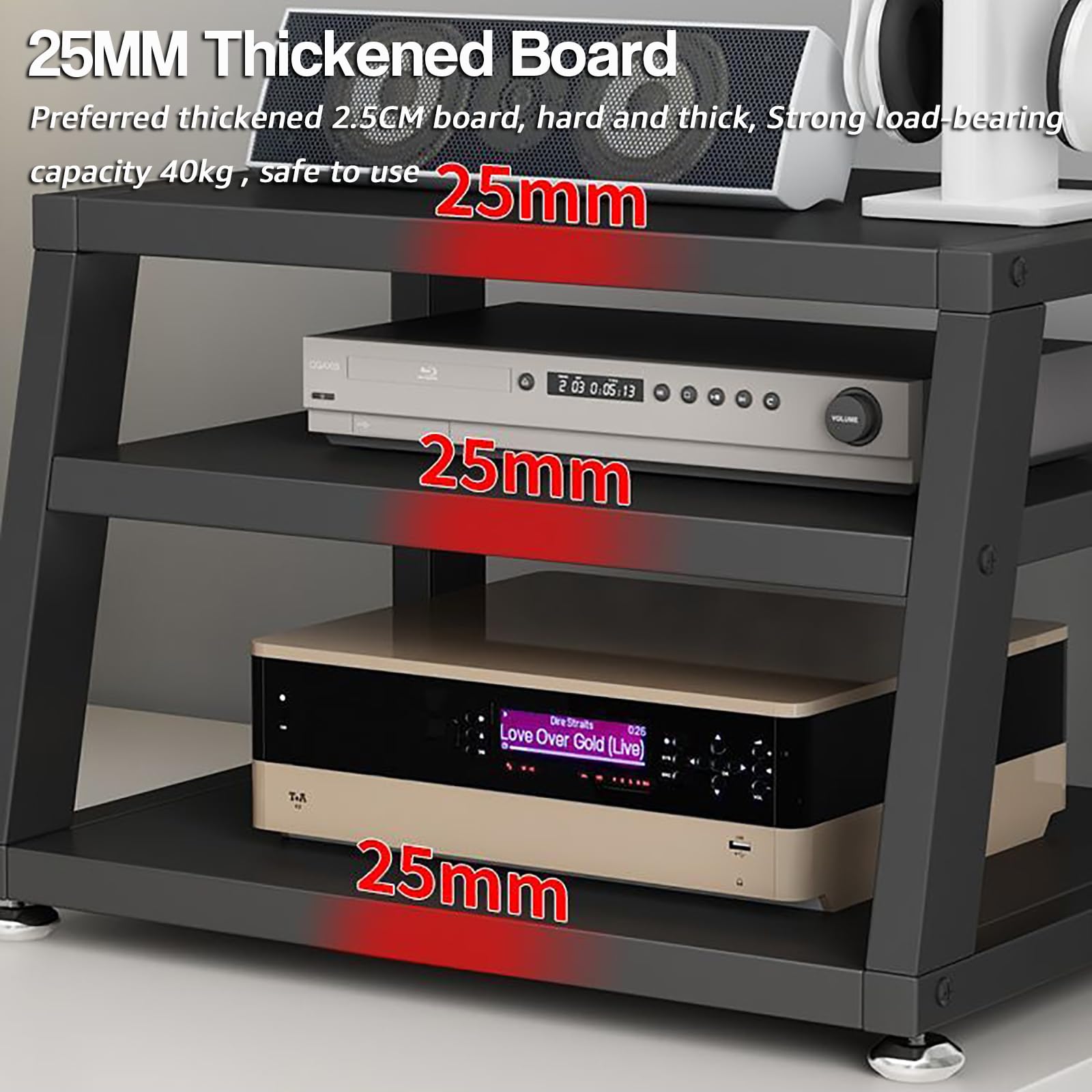 Supporto AV da tavolo, scaffale audio-video con ripiano in legno, armadio stereo aperto, armadio componente, mobile per scrivania per computer, nero, 3 livelli, larghezza 45 cm