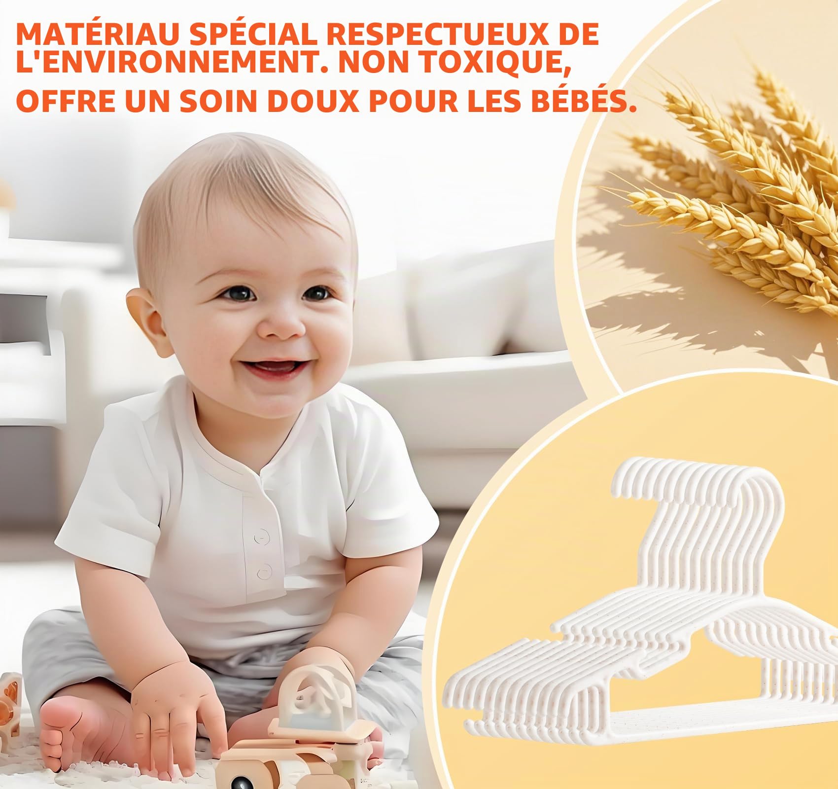 ilauke Lot de 54 Cintres Bébé Écologiques en Paille de Blé - Porte-Vêtements Minces Anti-Glisse, Gain de Place pour Placard Enfant et Chambre Bébé (Blanc)